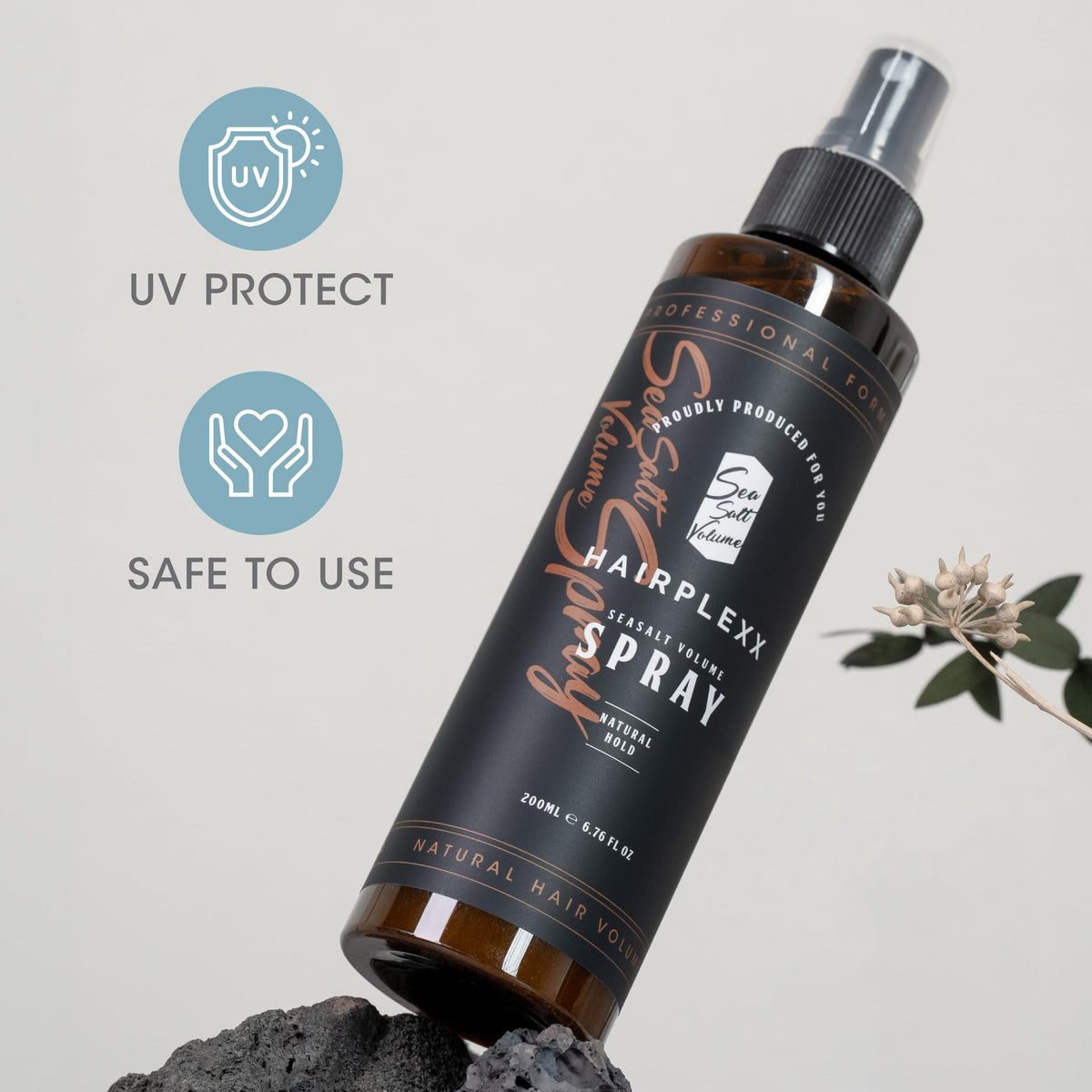 Hairplexx bottle on bathroom shelf lifestyle shot showing daily-use convenience