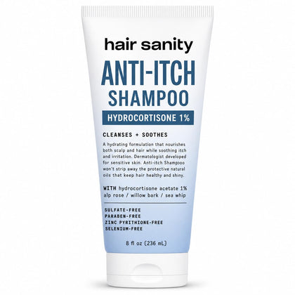HAIRSANITY front bottle view showing medicated anti‑itch shampoo benefit