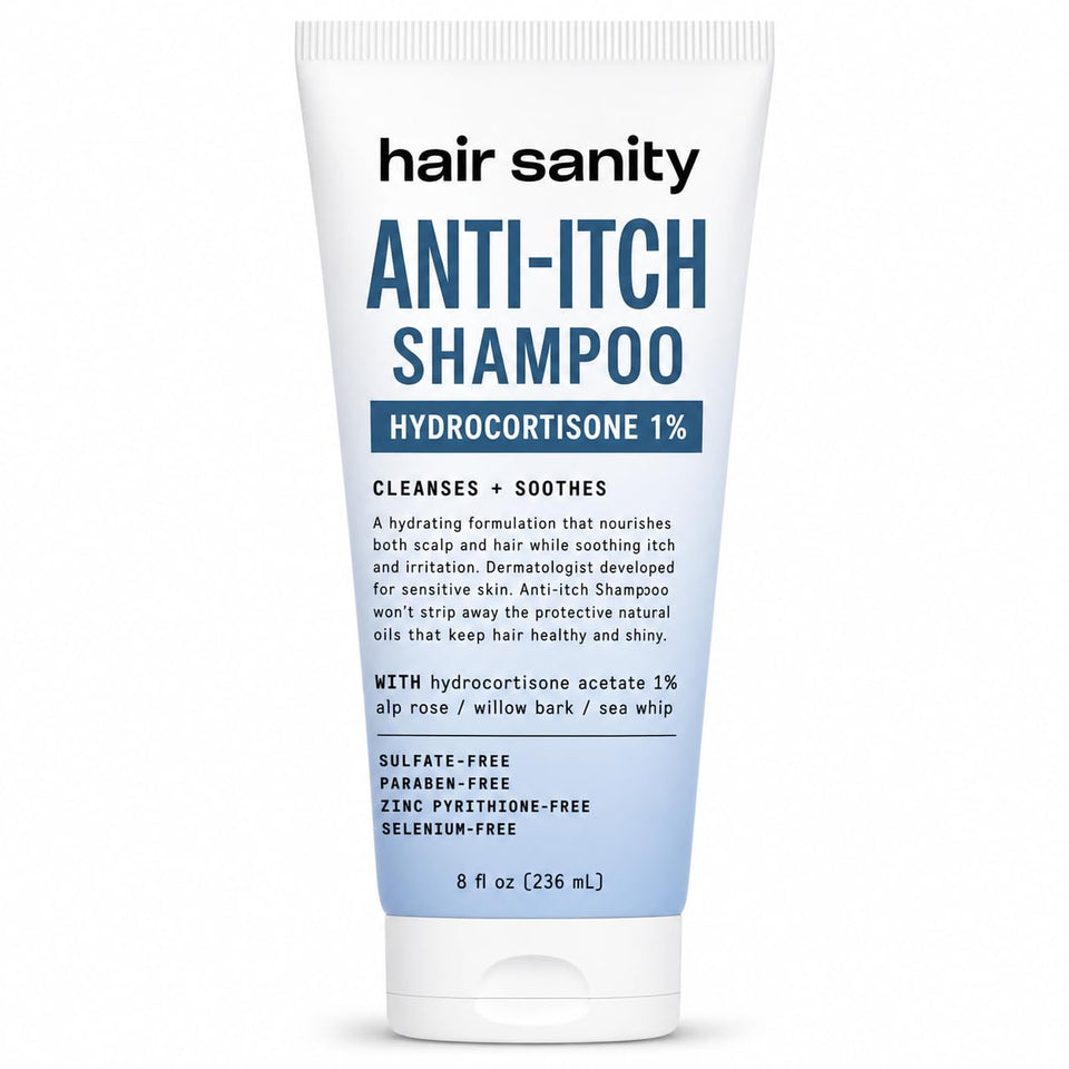 HAIRSANITY front bottle view showing medicated anti‑itch shampoo benefit