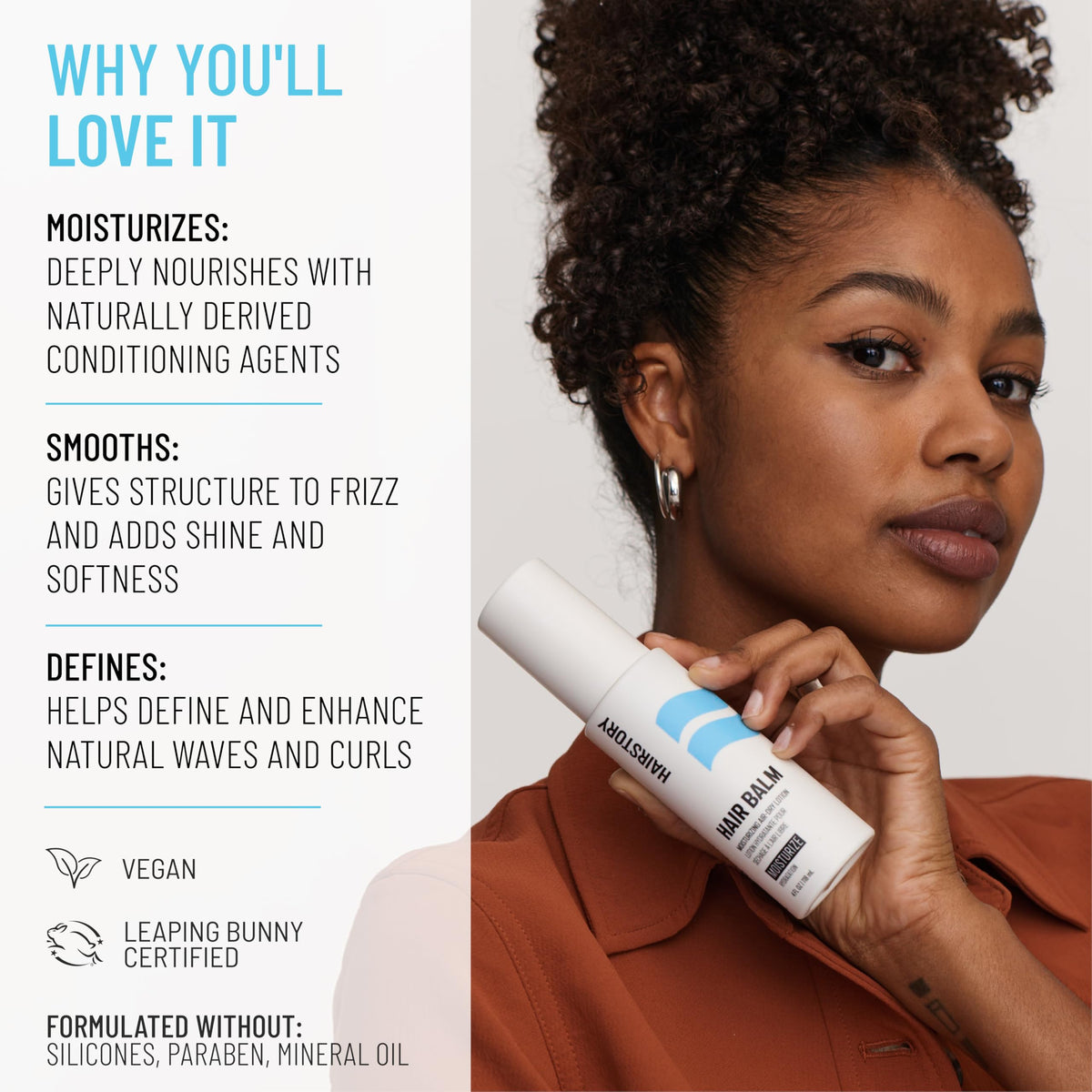 Hairstory dab on palm demonstrating recommended small application
