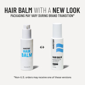 Hairstory balm next to a ruler showing the compact 4 oz size