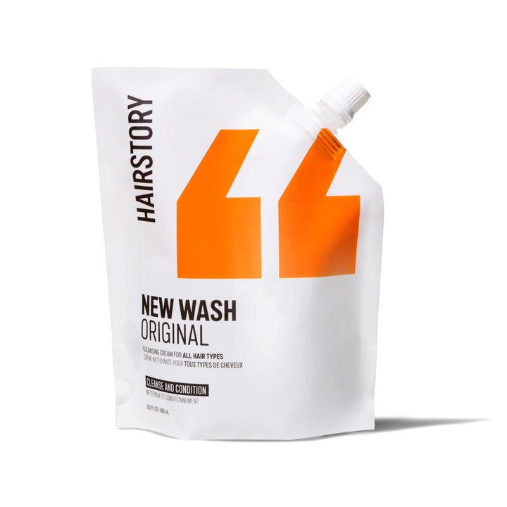 Hairstory New Wash front refill pouch showing packaging and benefits