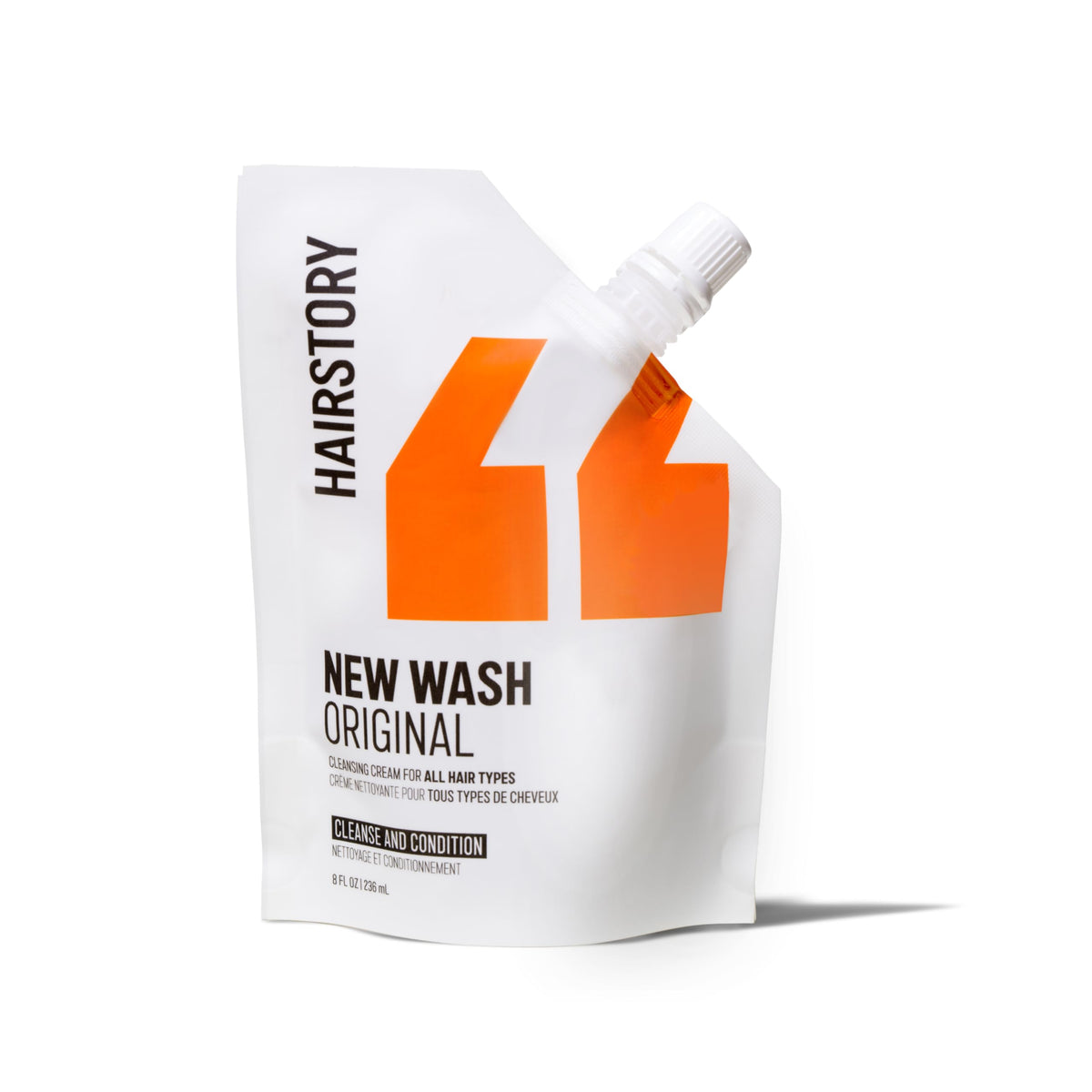 Hairstory New Wash refill pouch front view showing product branding and size benefit