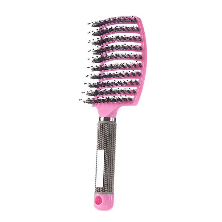 Hairstreaq front view of pink detangling brush showing shape and finish for gentler grooming