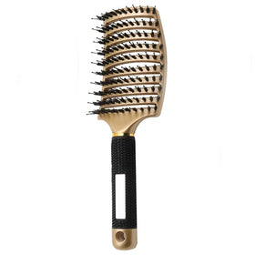 Hairstreaq gold brush front view showing shape and ergonomic handle for comfortable detangling