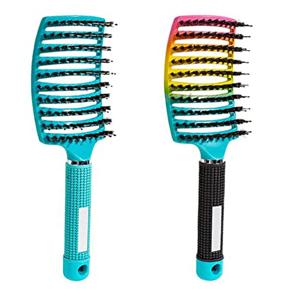 Hairstreaq front view showing colorful curved head and comfortable grip for gentle detangling