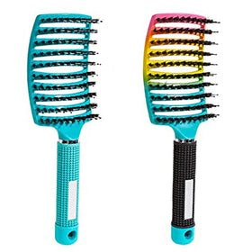 Hairstreaq front view showing colorful curved head and comfortable grip for gentle detangling