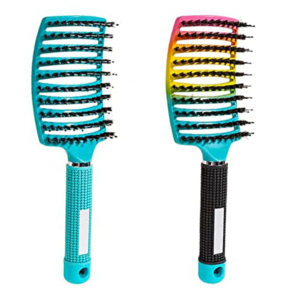 Hairstreaq front view showing colorful curved head and comfortable grip for gentle detangling