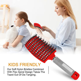 Hairstreaq brush in use on a child demonstrating tear-free detangling ease