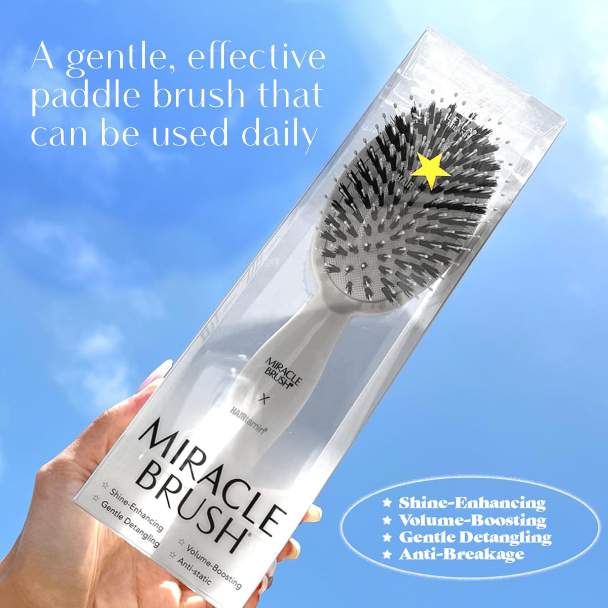 HAIRtamin brush handle detail highlighting comfortable grip for longer use