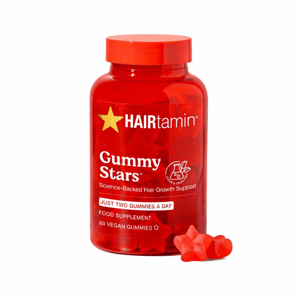 HAIRtamin jar front view showing label and star-shaped gummies promoting convenience