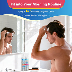 HairVibe cans on bathroom shelf in lifestyle setting showing routine-friendly design