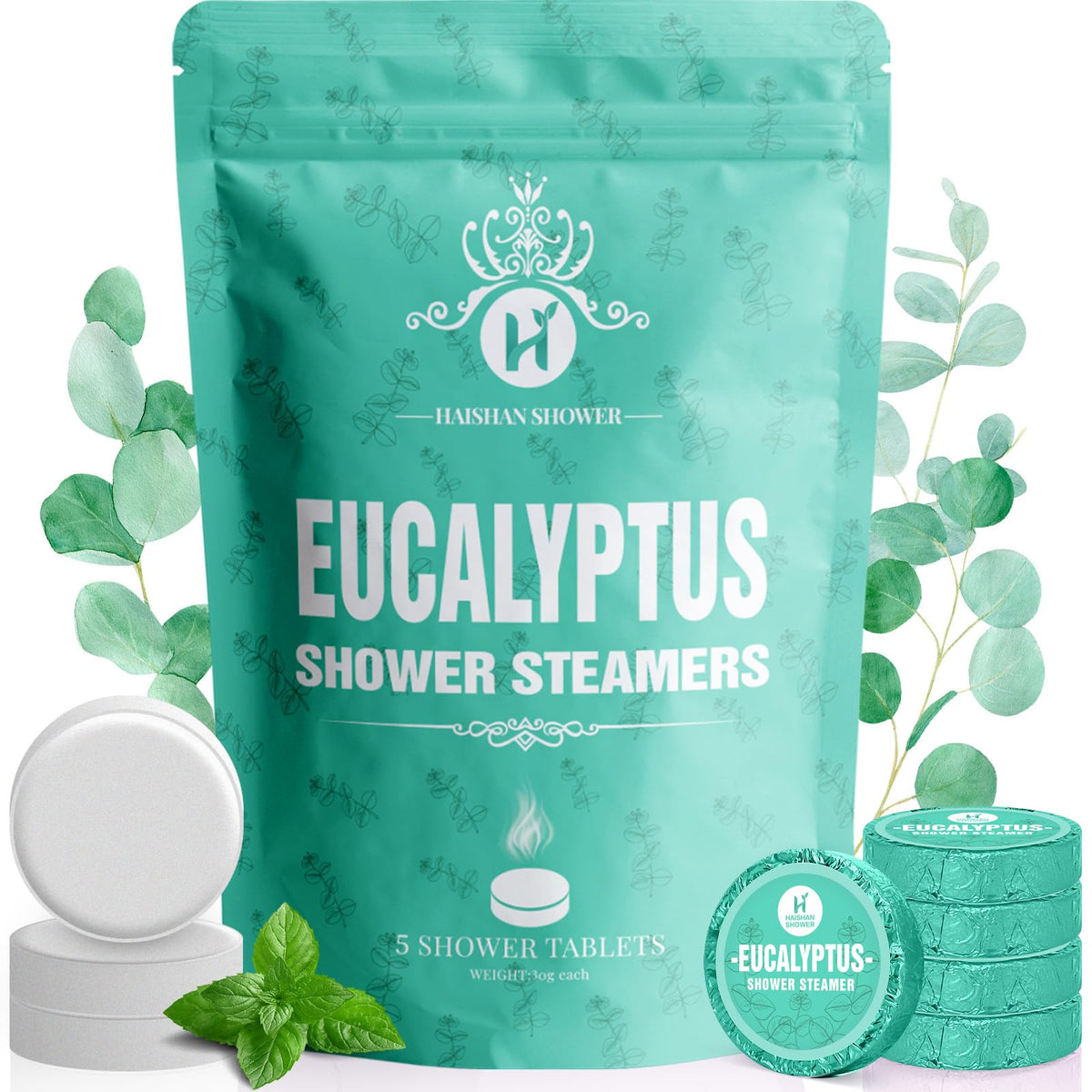 HAISHAN SHOWER front packaging showing five wrapped eucalyptus steamers and branding benefits