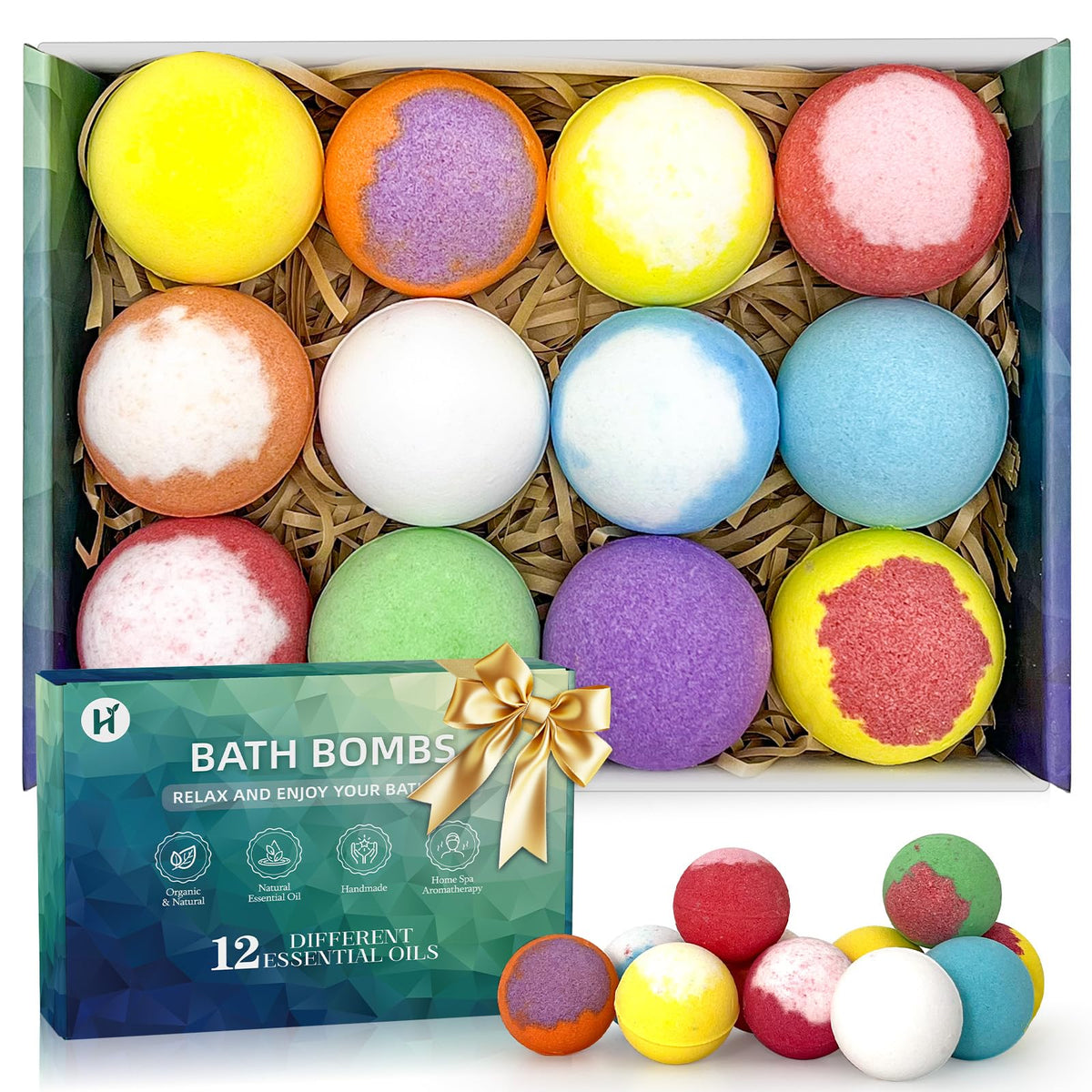 HAISHAN SHOWER front packaging showing 12 colorful bath bombs and branding benefit: ready gift set
