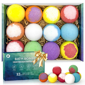HAISHAN SHOWER front packaging showing 12 colorful bath bombs and branding benefit: ready gift set