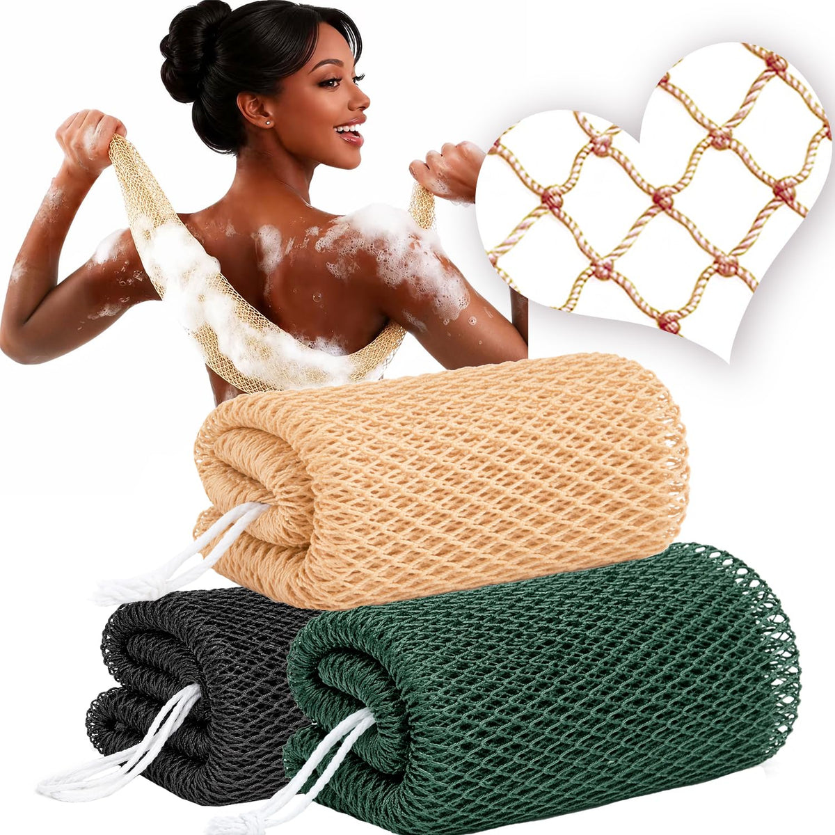 HAITOO front packaging showing three-color exfoliating nets and benefits