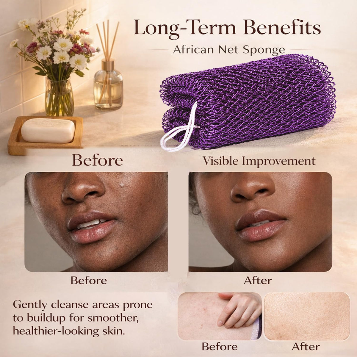 HAITOO texture closeup revealing net knots that exfoliate gently and evenly