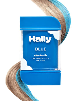 Hally Hair blue front packaging showing product tube and label benefit