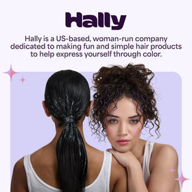 Hally Hair blue next to hand showing compact 12 ml size benefit