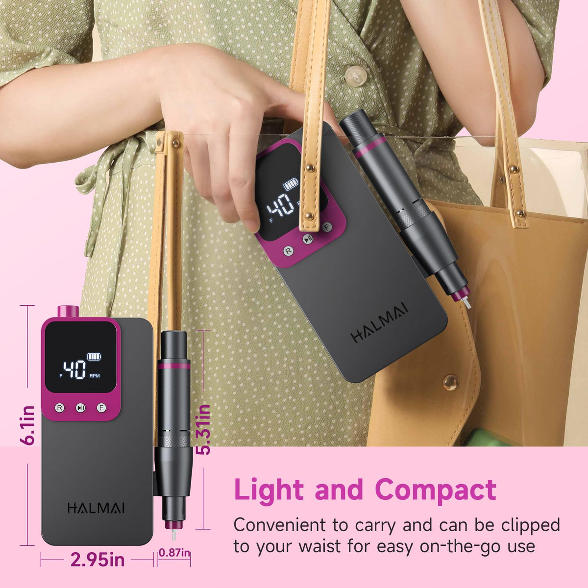 HALMAI opened portable kit layout with handpiece, bits, and charger for easy storage
