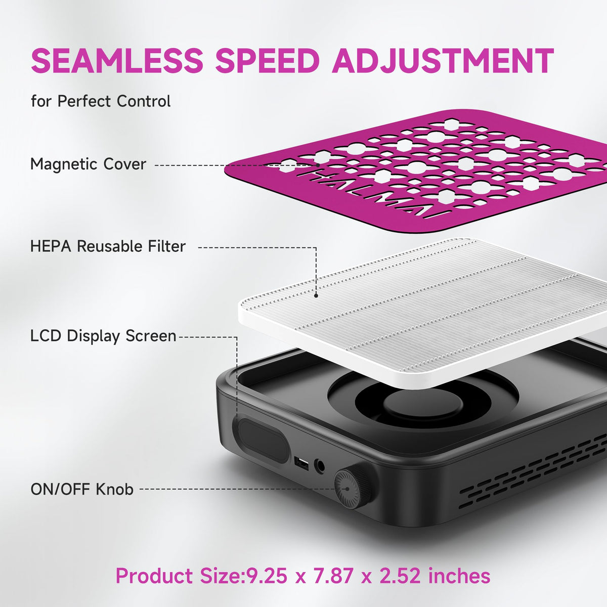 HALMAI next to a hand for size comparison demonstrating compact footprint
