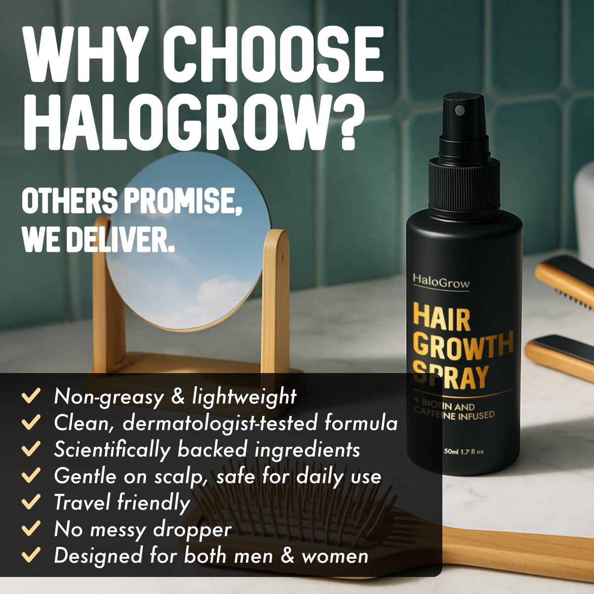 HALOGROW spray being applied to scalp targeting thinning area