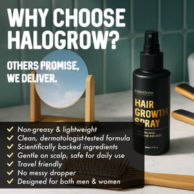 HALOGROW spray being applied to scalp targeting thinning area