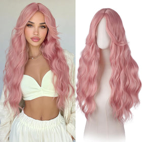 Haloo front view long pink wig showing natural middle part and bangs benefit