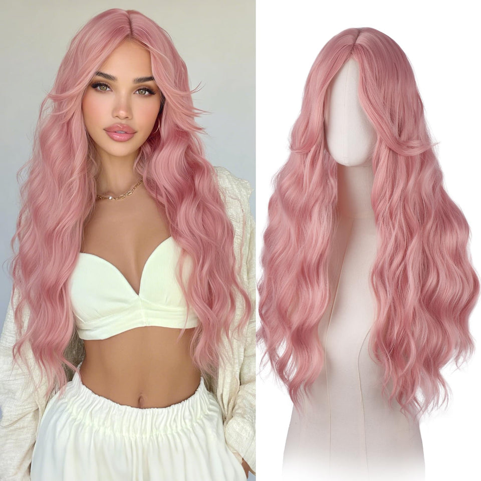 Haloo front view long pink wig showing natural middle part and bangs benefit