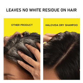 HALOVIDA before and after on dark hair illustrating residue-free volume