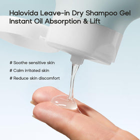 HALOVIDA gel texture close-up showing transparent, non-residue formula benefit