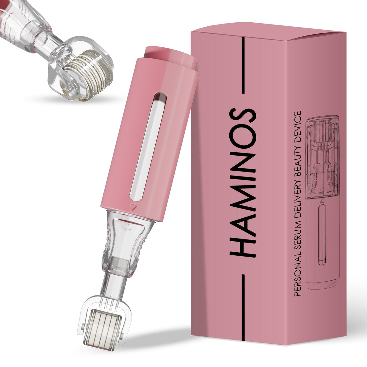 HAMINOS derma roller front view showing compact design and ergonomic handle benefit
