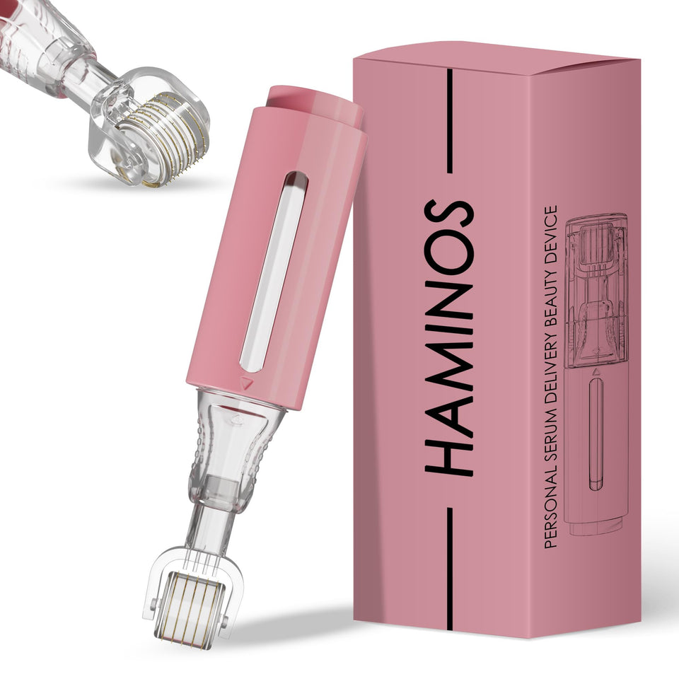 HAMINOS derma roller front view showing compact design and ergonomic handle benefit