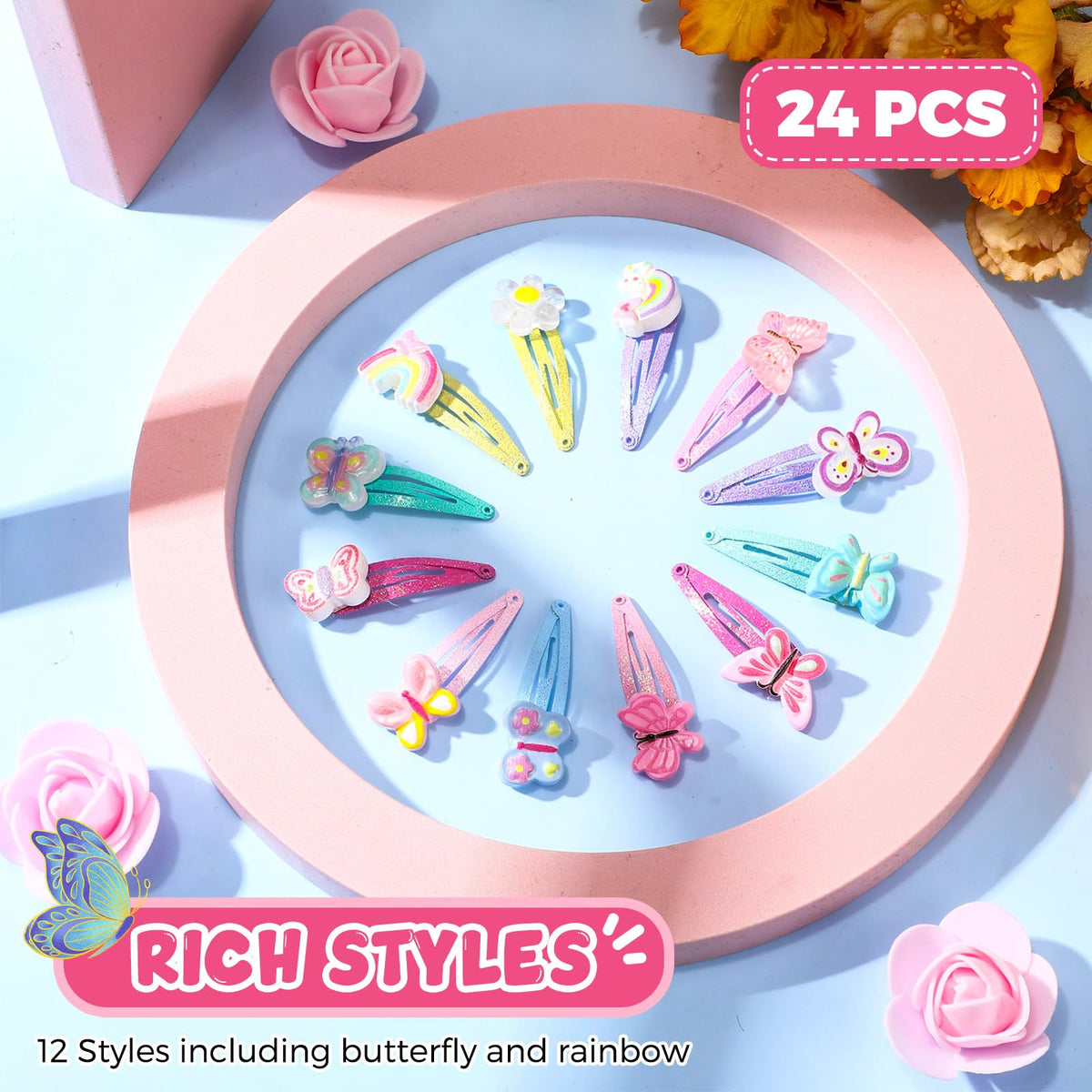 Hanaive clips worn by a toddler holding hair neatly and adding playful color