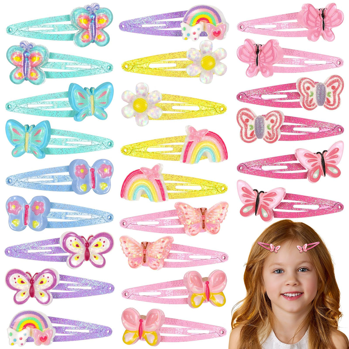 Hanaive front view of 24-clip package showing colorful unicorn and butterfly designs for gifting