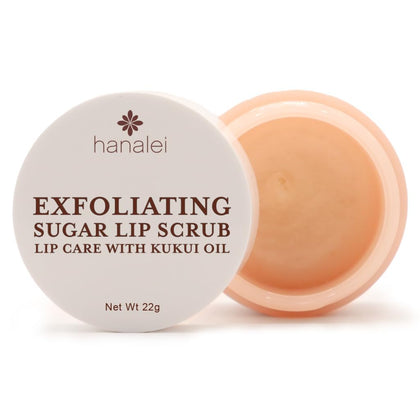 Hanalei front packaging of lip scrub showing jar and label, natural exfoliation benefit