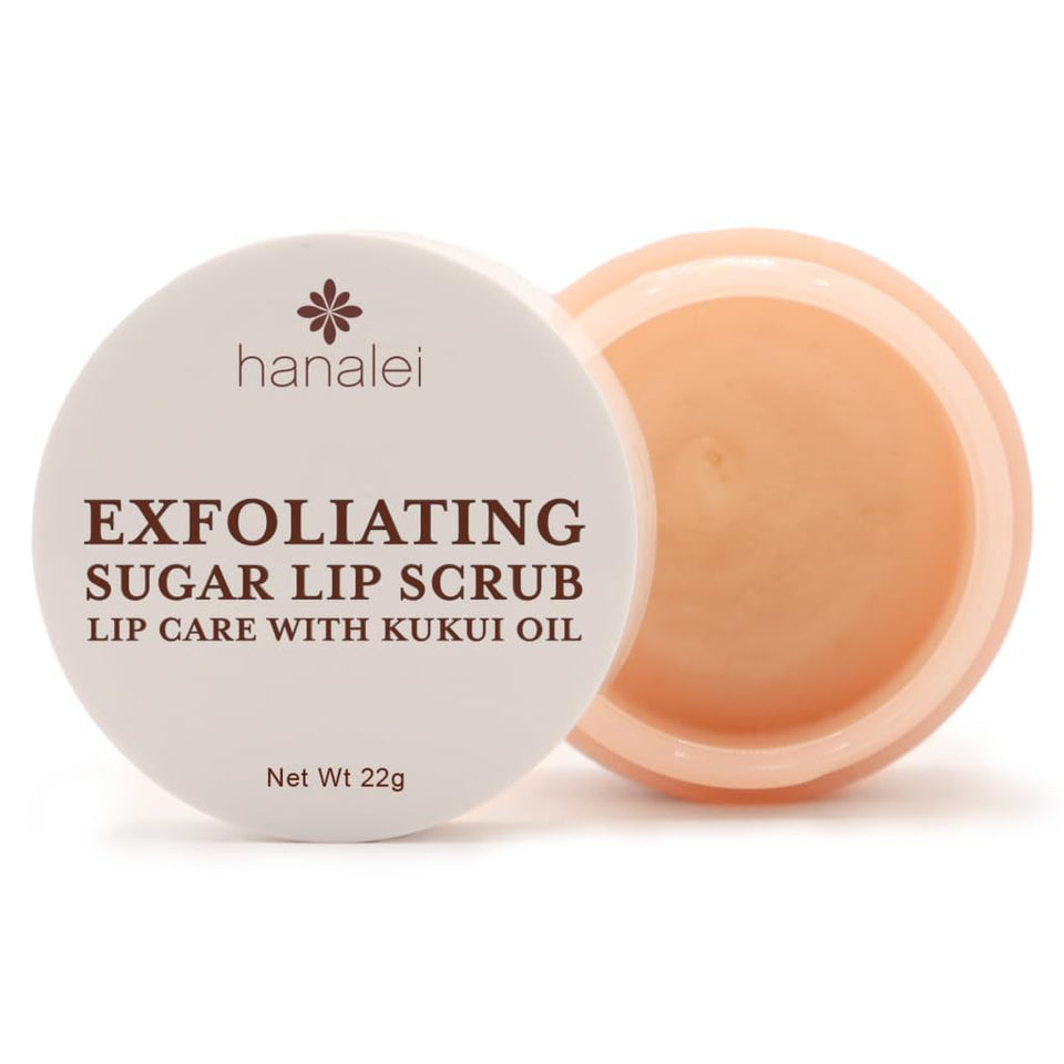 Hanalei front packaging of lip scrub showing jar and label, natural exfoliation benefit