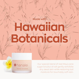 Hanalei kukui oil bottle beside scrub emphasizing nourishing, restorative benefit