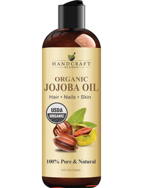 Handcraft Blends jojoba oil front bottle showing label and organic certification benefits