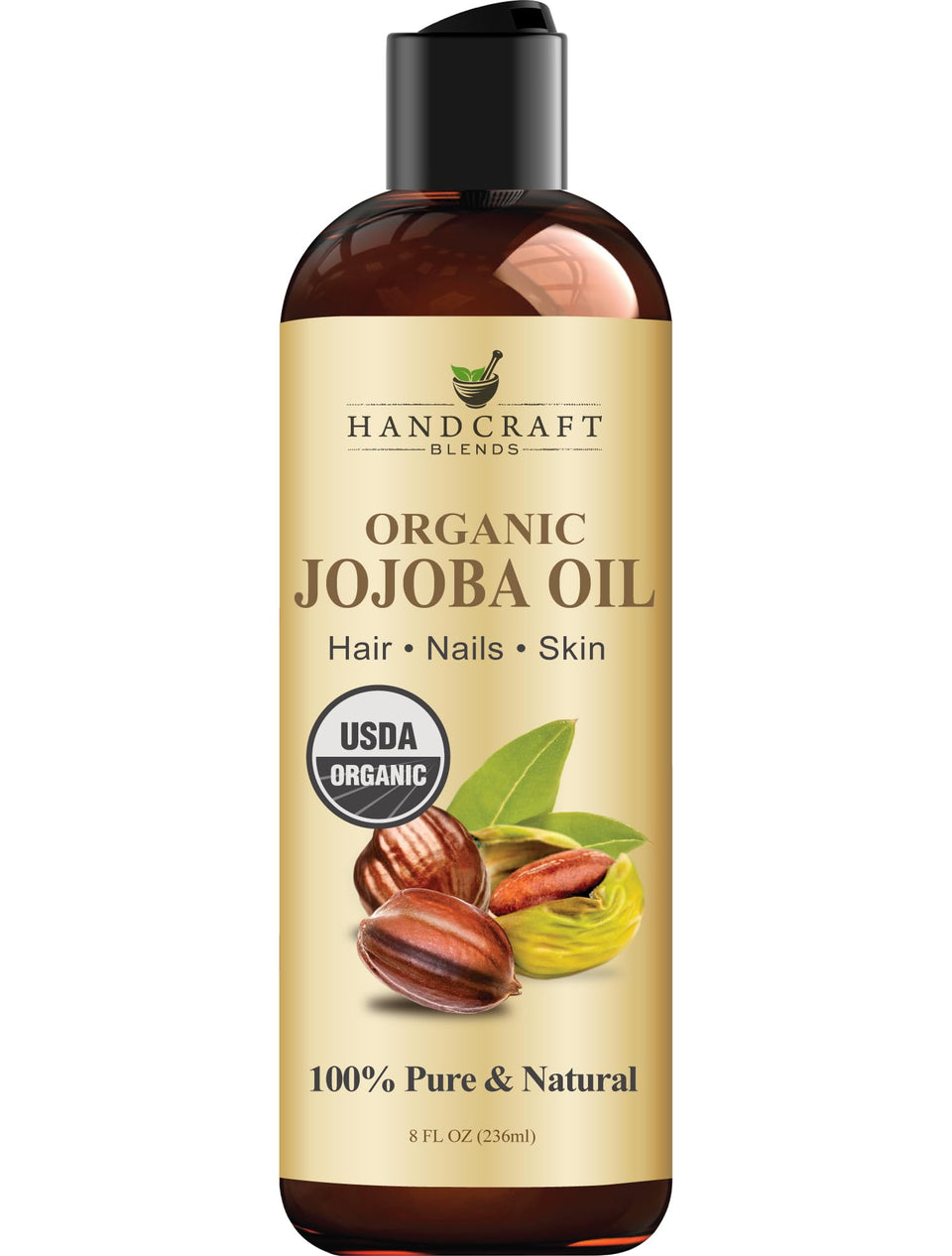 Handcraft Blends jojoba oil front bottle showing label and organic certification benefits