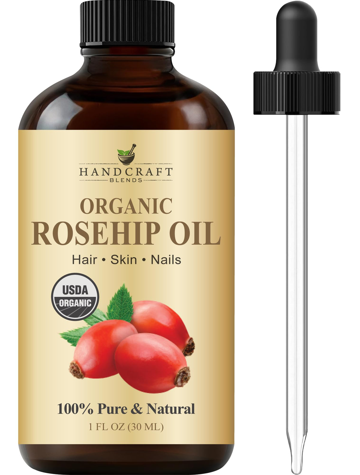 Handcraft Blends amber bottle front view highlighting pure rosehip oil