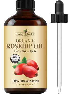 Handcraft Blends amber bottle front view highlighting pure rosehip oil