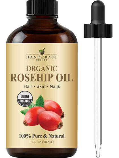 Handcraft Blends amber bottle front view highlighting pure rosehip oil