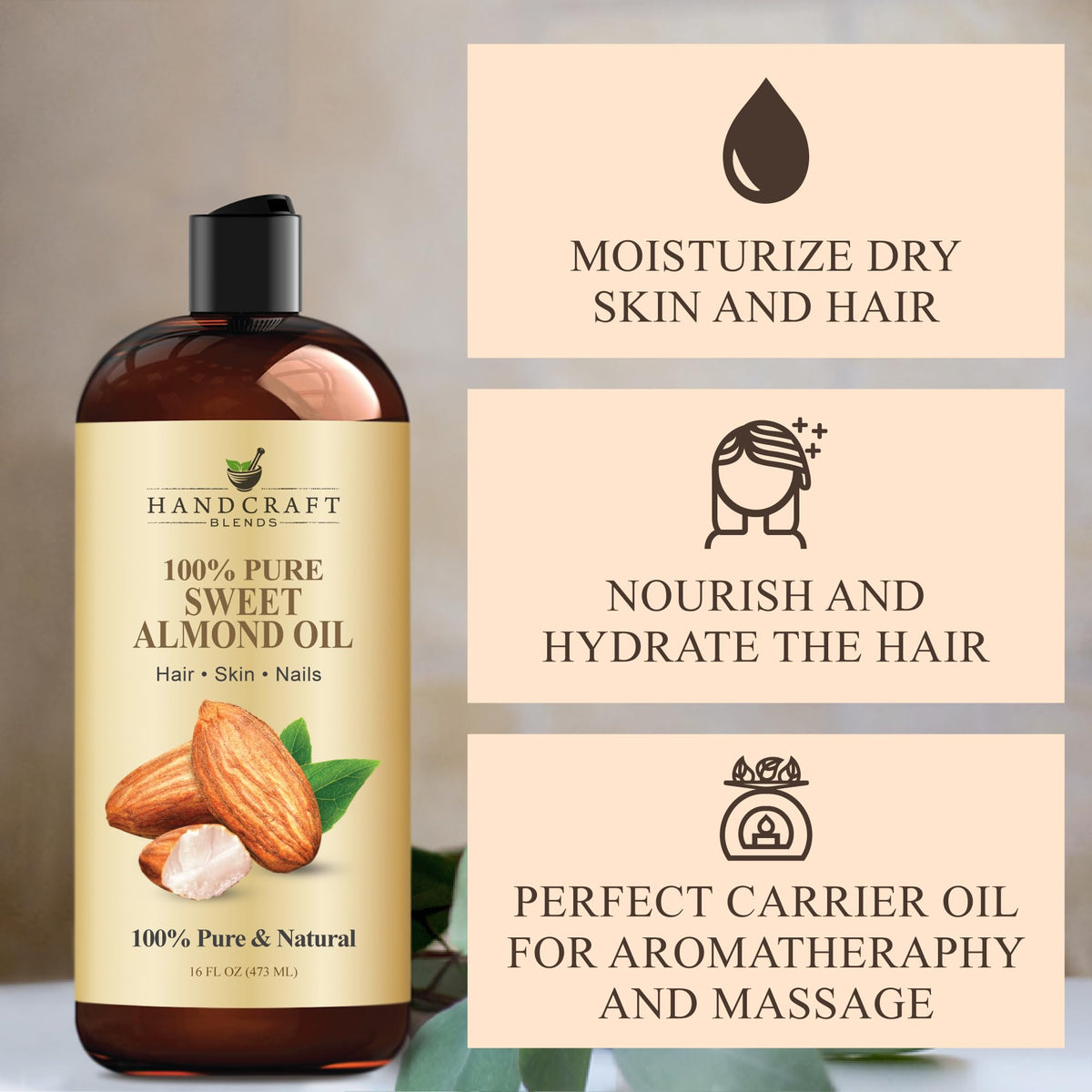 Handcraft Blends bottle held in hand to demonstrate 16 fl oz scale