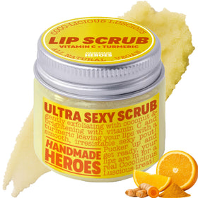 Handmade Heroes front jar turmeric lip scrub showing label and jar benefit
