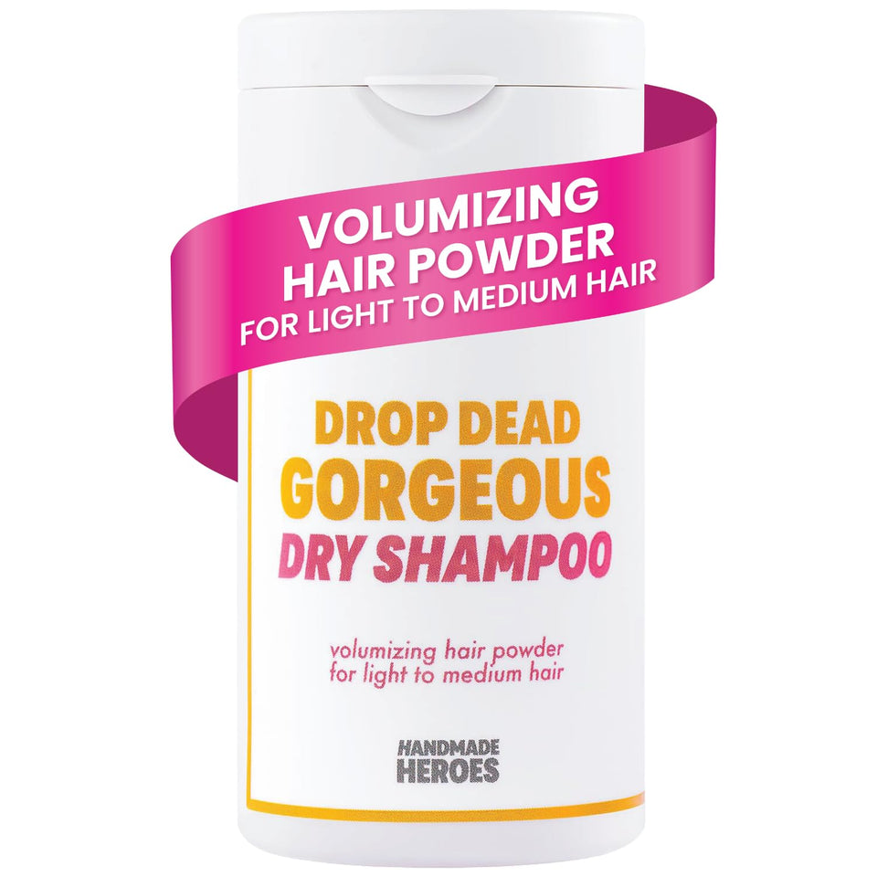 Handmade Heroes front packaging showing 1.8oz dry shampoo for travel convenience