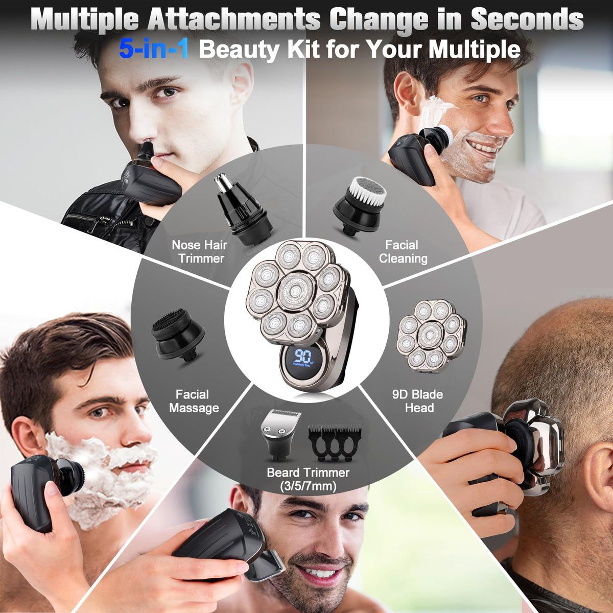 Handsomemen trimmer accessories laid out showing 5‑in‑1 versatile grooming options