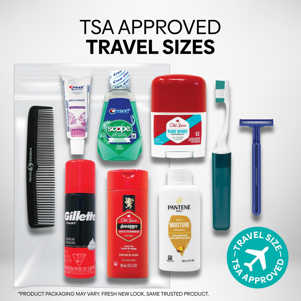 Handy Solutions open kit with all ten travel-sized grooming essentials laid out for packing