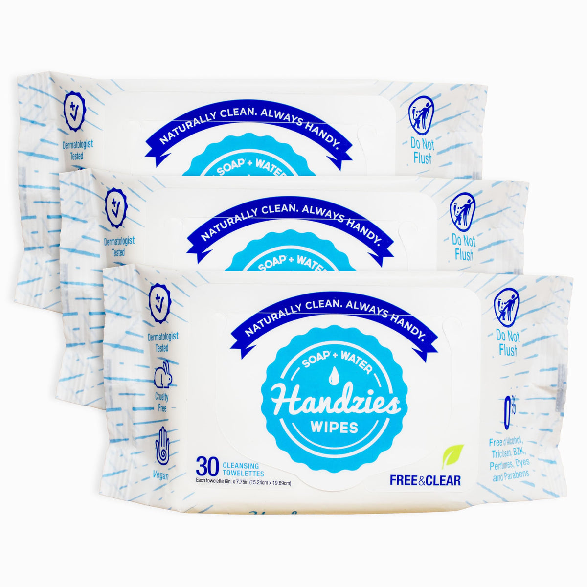 Handzies Free & Clear front pack showing branding and count — gentle cleaning on the go