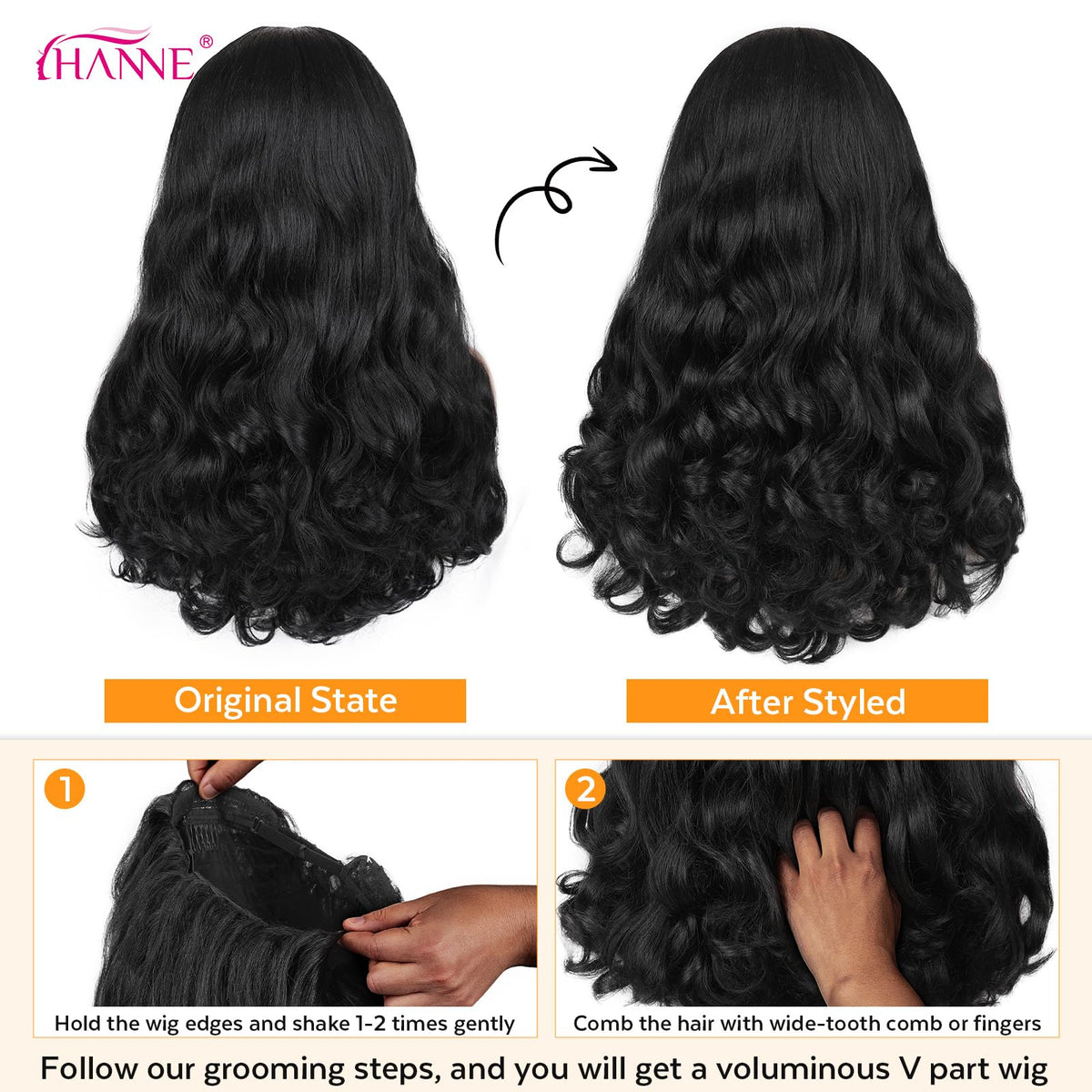 HANNE wig beside ruler showing 22-inch length and noticeable added volume